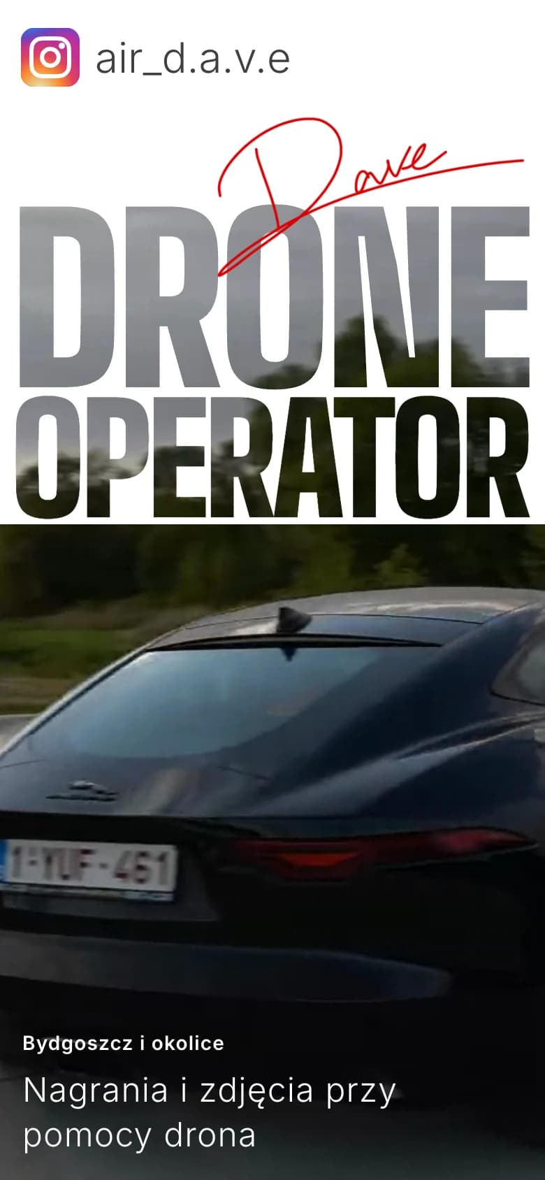 Hero na telefonie, napis Drone Operator na pierwszej klatce lotu