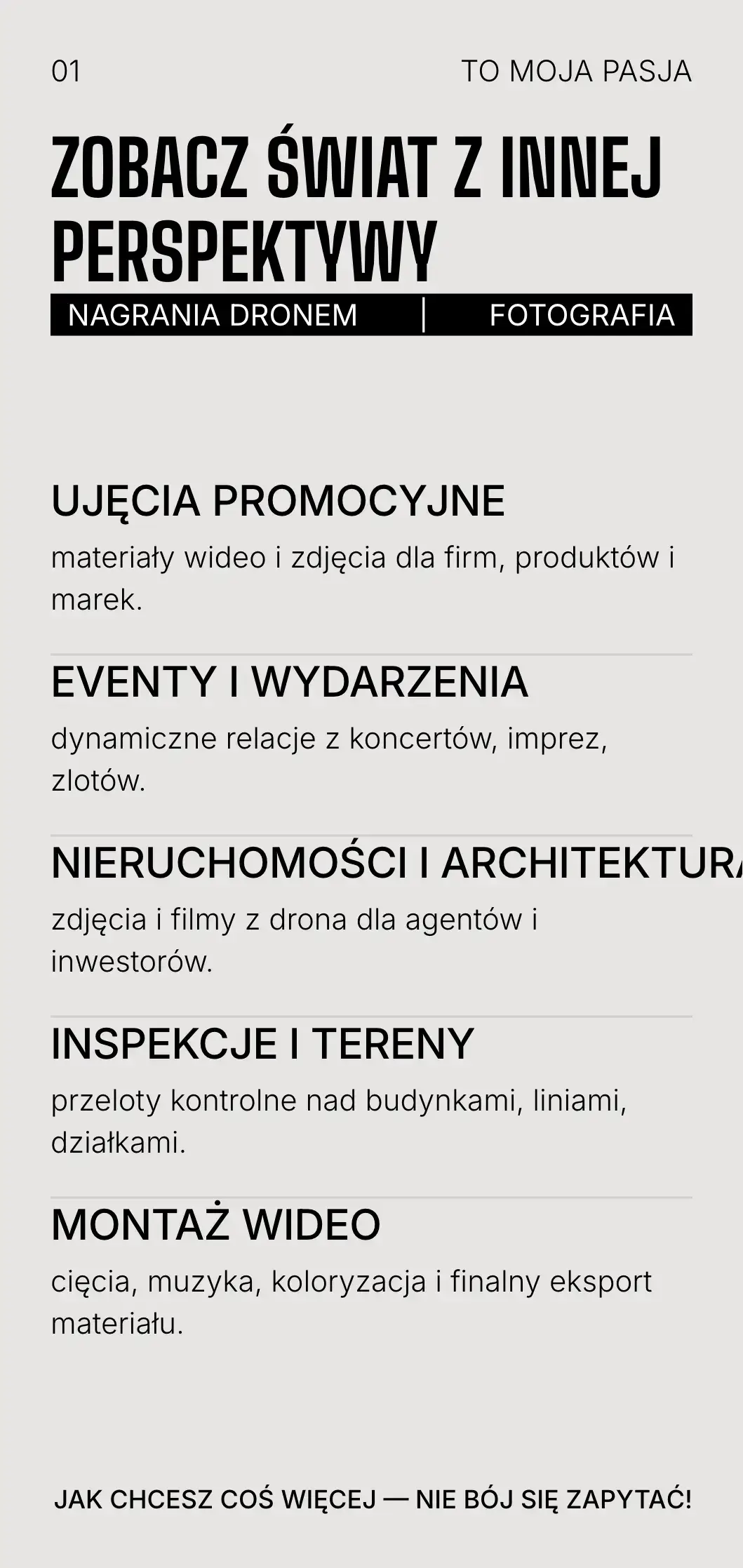 Sekcja oferty na telefonie, pięć usług od ujęć promocyjnych po montaż wideo