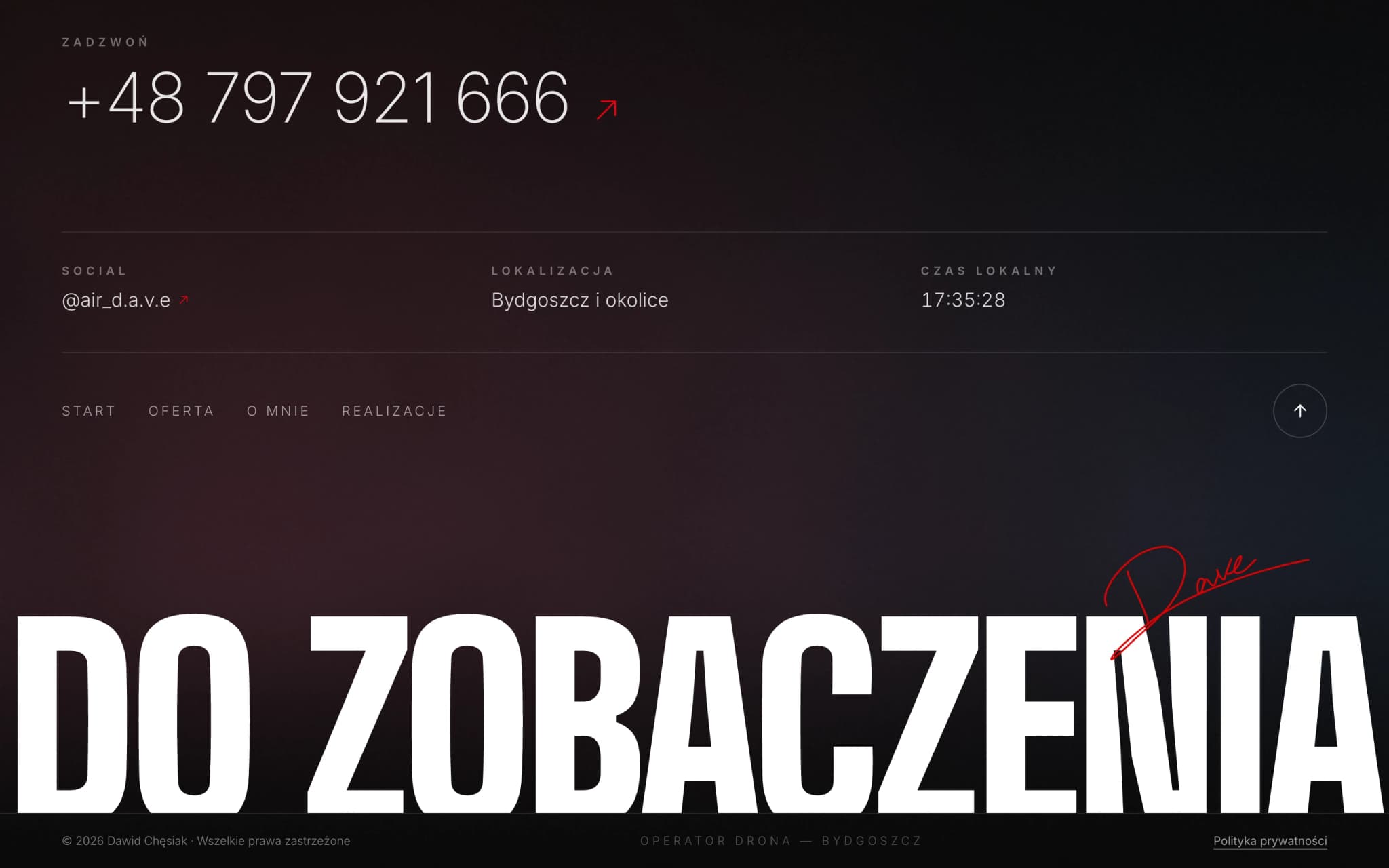 Zamknięcie strony, wielkie „Do zobaczenia” z odręcznym podpisem Dave w czerwieni