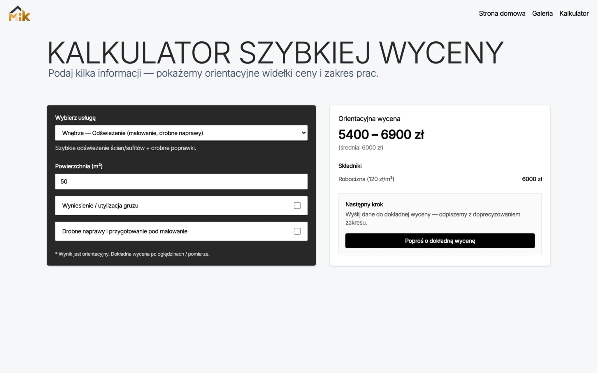 MIK quote calculator, service and floor area on the left, an indicative price range on the right