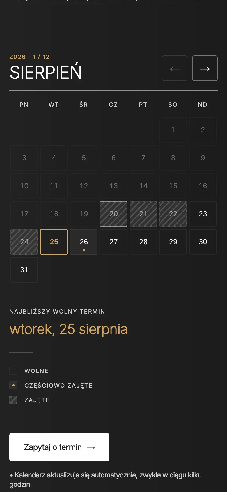 The availability calendar on a phone, a month grid with a booked/free legend