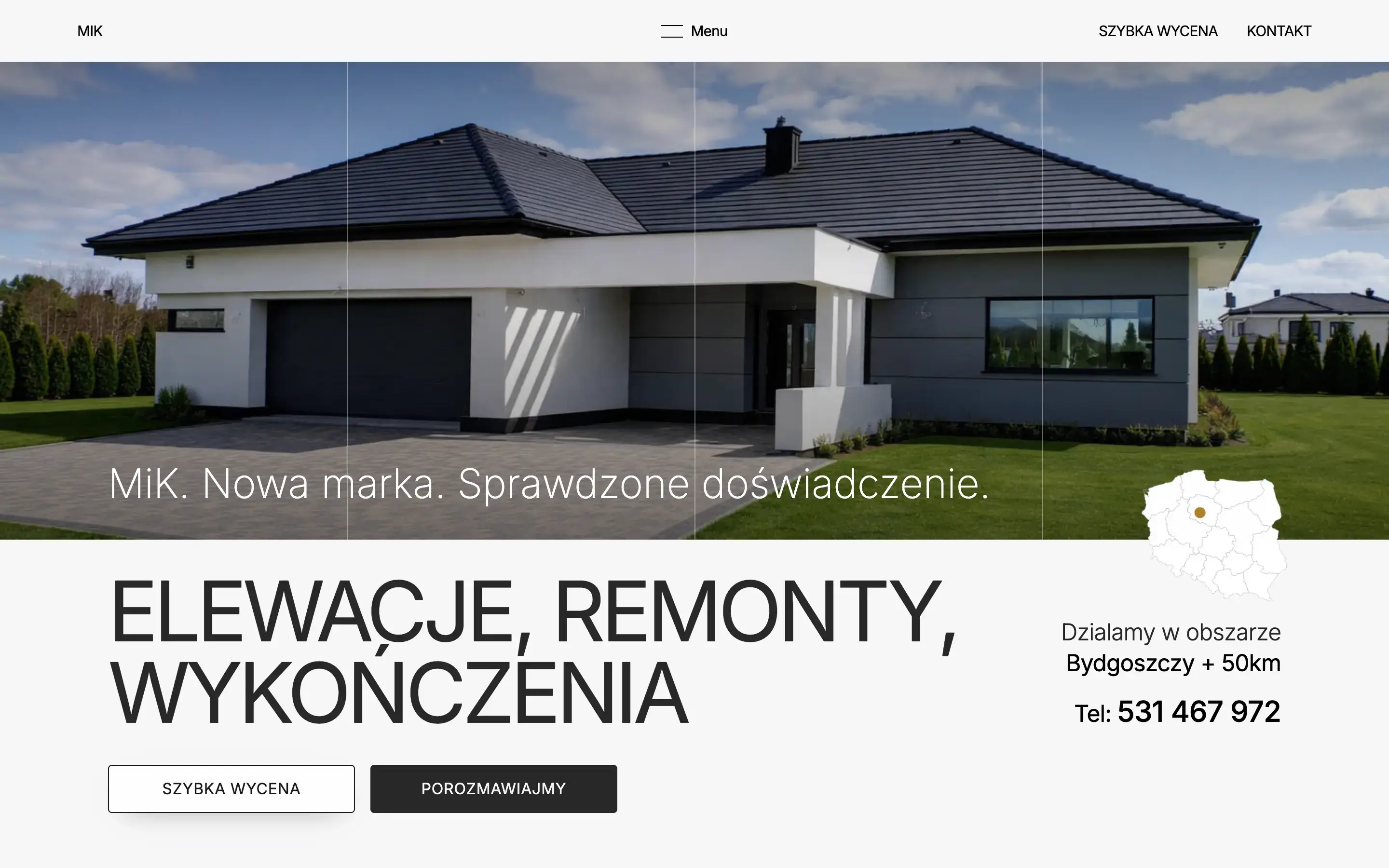 MIK Usługi website, hero with a single-family house facade and the new brand's tagline