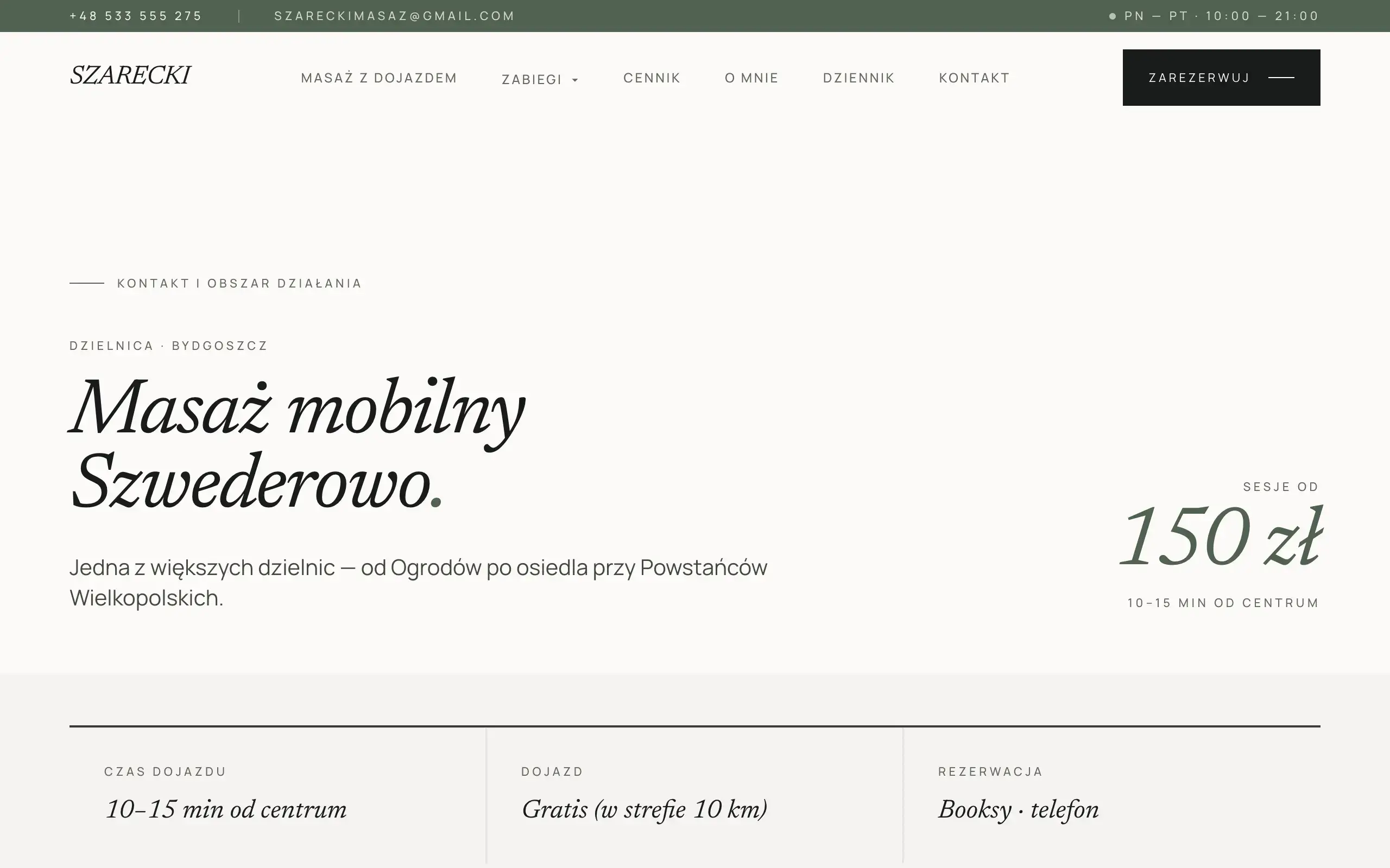 Podstrona dzielnicowa Szarecki, masaż mobilny Fordon Bydgoszcz, strategia lokalnego SEO