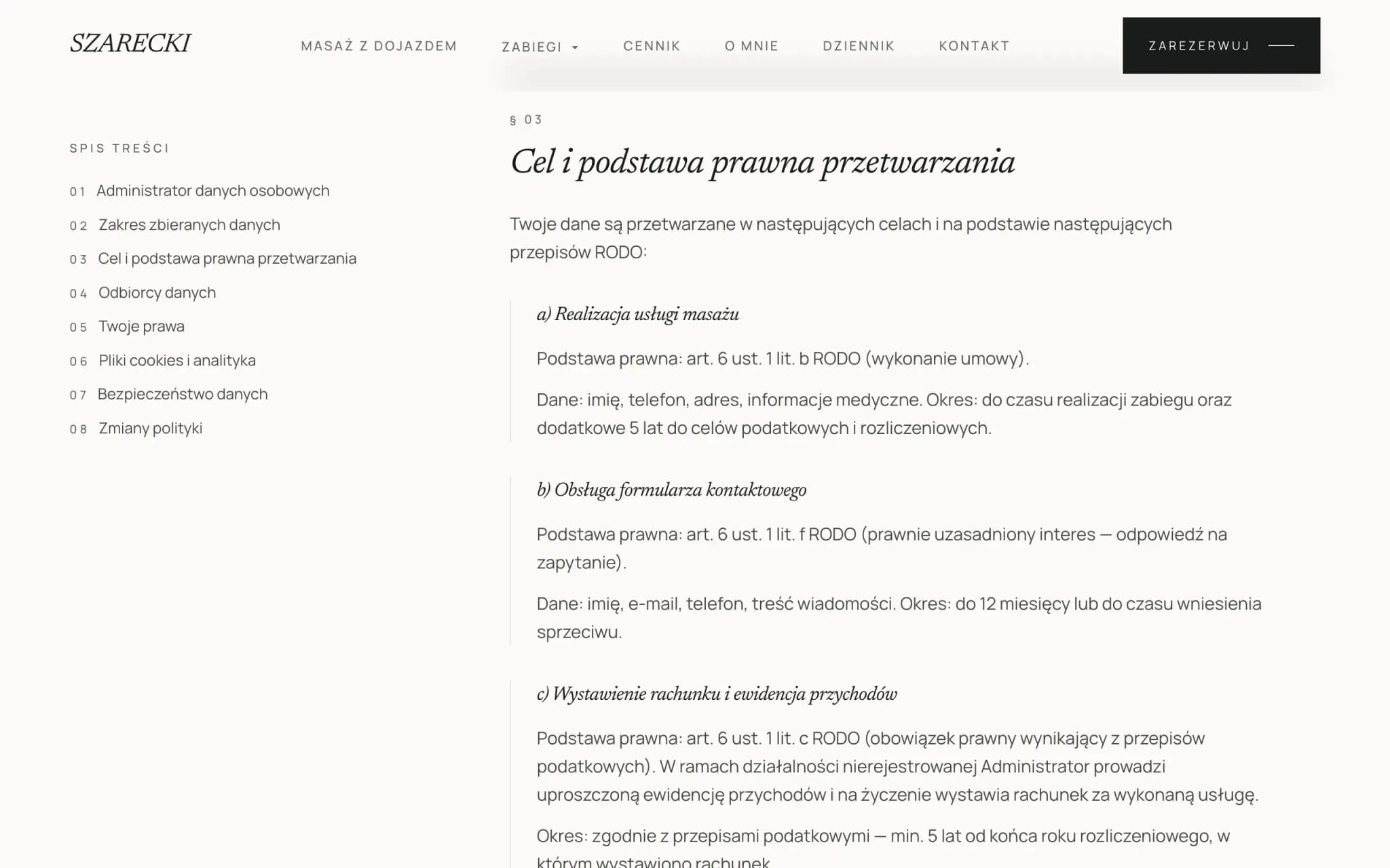 Polityka cookies Szarecki, editorial typografia i sticky TOC zachowane na legal pages