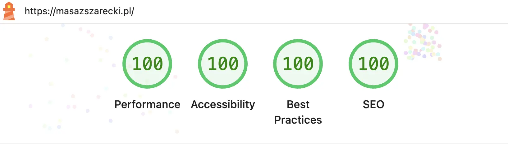 Lighthouse audit of the Szarecki site, Performance 100, Accessibility 94, Best Practices 100, SEO 100