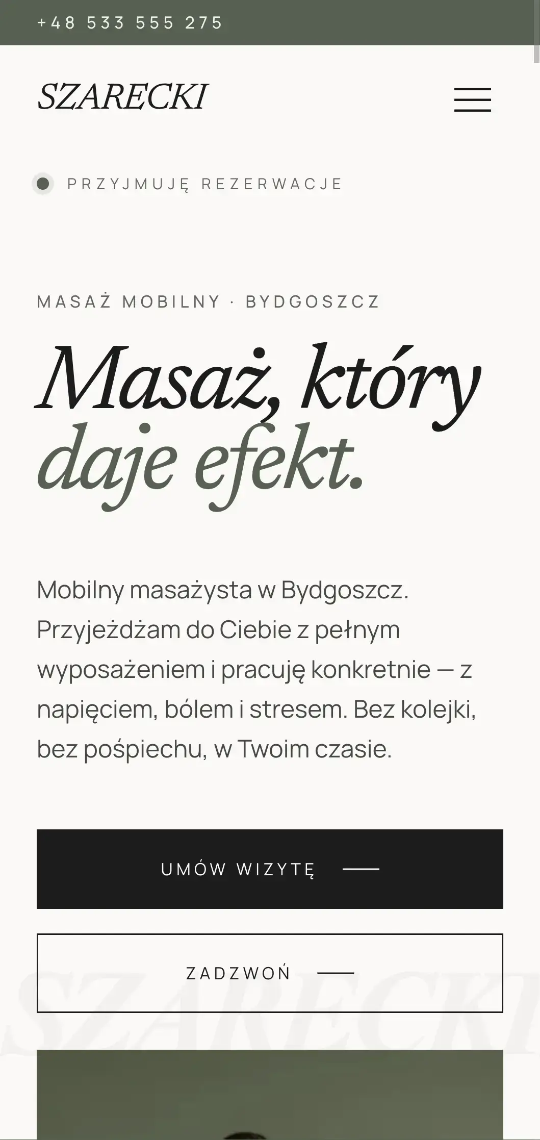 Strona masażysty mobilnego na telefonie, responsywny układ Szarecki Bydgoszcz