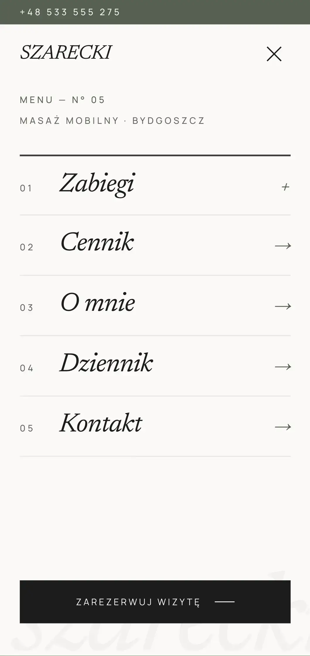 Mobilna nawigacja strony Szarecki, rozwinięte menu na telefonie