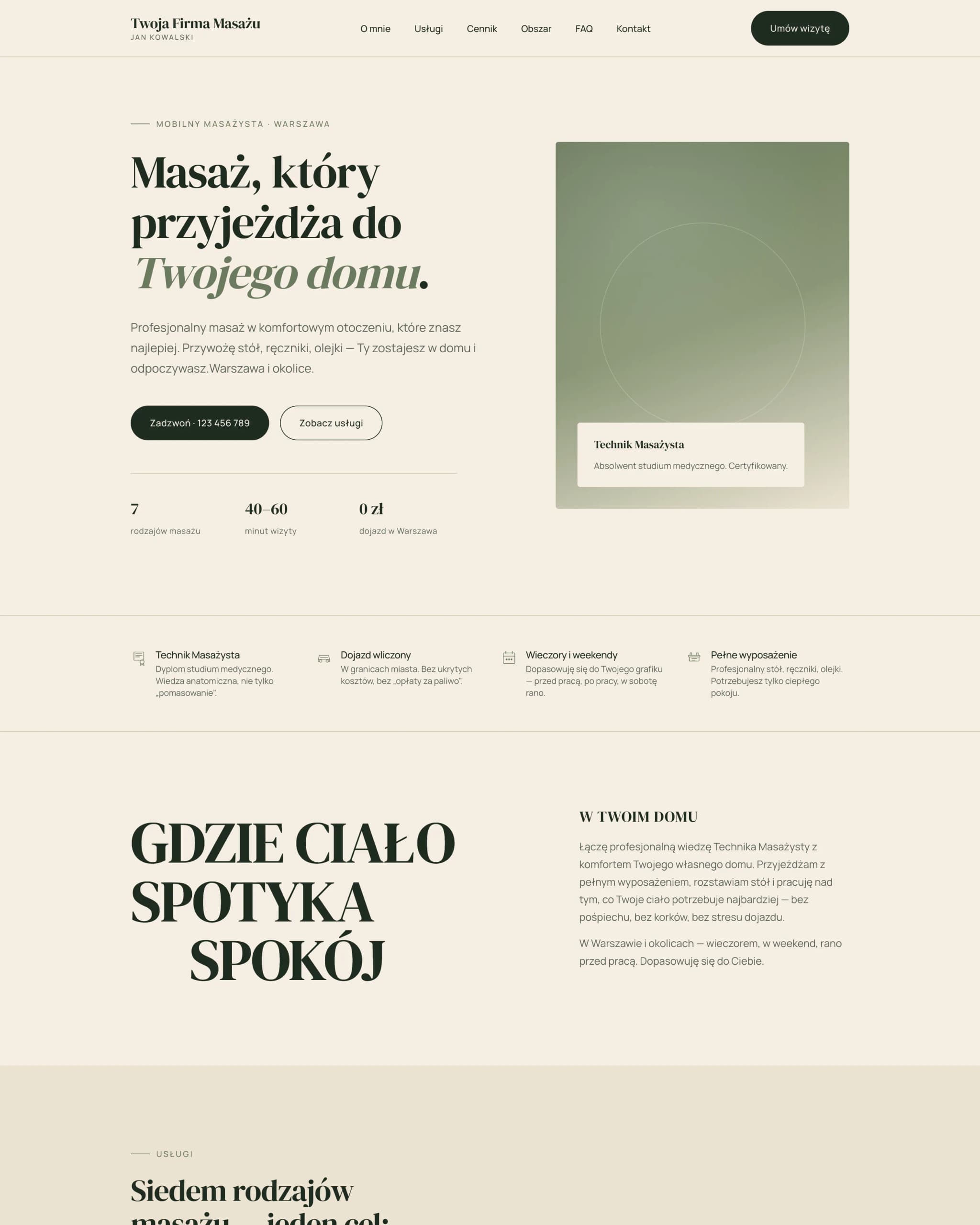 Website template for a massage studio, hero preview
